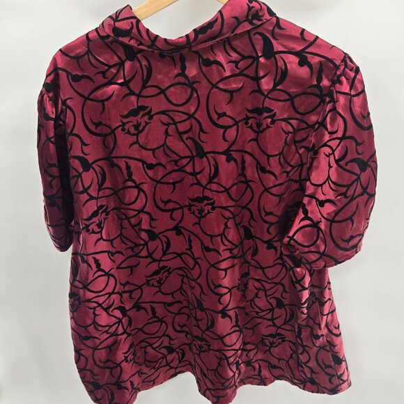 Lane Bryant Burgundy Black Velvet Burnout Button Down Short Sleeved Top 22/24 - Picture 2 of 12